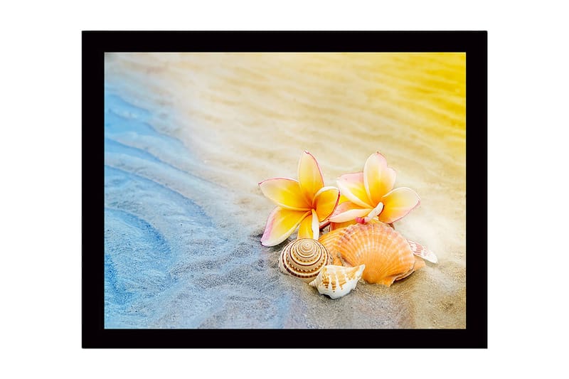 Innrammet lerret i tre - 41x56 cm - Blomster og skjell på sandstrand - Gul / Rosa / Beige - Innredning - Bilder & kunst