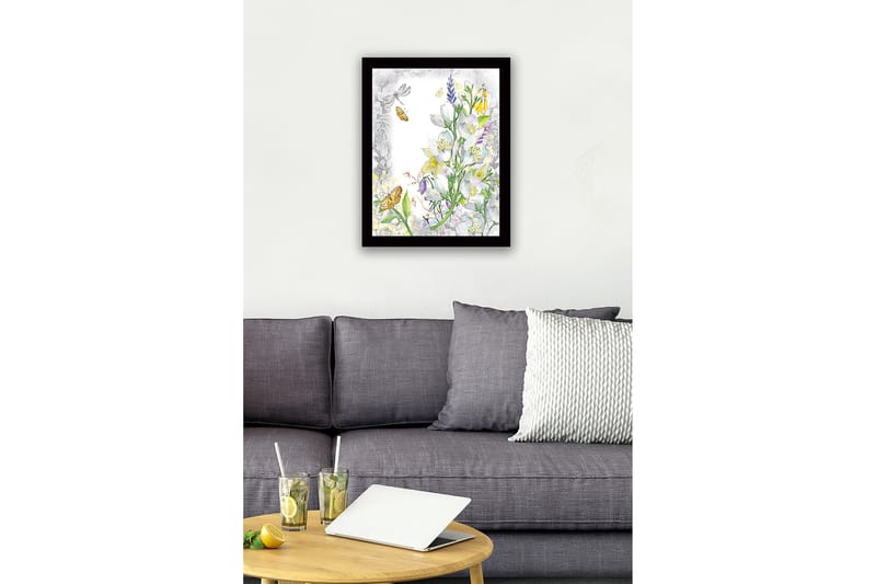 Innrammet lerret i tre - 41x56 cm - Blomsterkomposisjon med sommerfugler og insekter - Hvit / Gul / Grønn - Innredning - Bilder & kunst