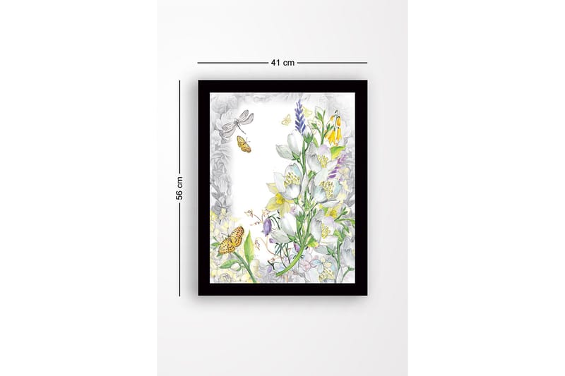 Innrammet lerret i tre - 41x56 cm - Blomsterkomposisjon med sommerfugler og insekter - Hvit / Gul / Grønn - Innredning - Bilder & kunst