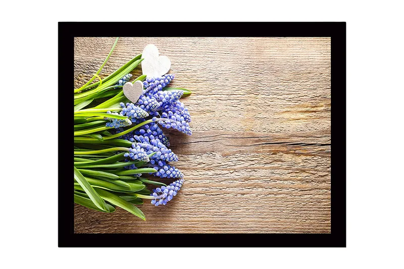 Innrammet lerret i tre - 41x56 cm - Blomsteroppsats med blå hyasinter og grønne blader - Blå / Grønn / Brun - Innredning - Bilder & kunst