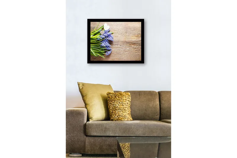 Innrammet lerret i tre - 41x56 cm - Blomsteroppsats med blå hyasinter og grønne blader - Blå / Grønn / Brun - Innredning - Bilder & kunst