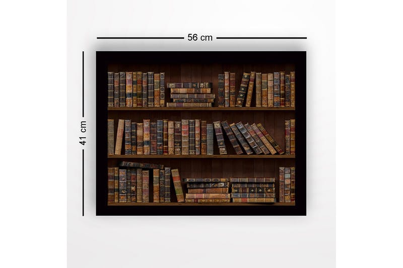 Innrammet lerret i tre - 41x56 cm - Detaljert bokhylle med gamle bøker i varierende farger og størrelser - Brun / Beige / Svart - Innredning - Bilder & kunst