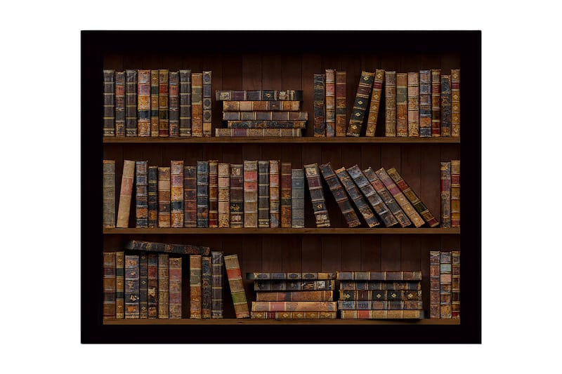 Innrammet lerret i tre - 41x56 cm - Detaljert bokhylle med gamle bøker i varierende farger og størrelser, Brun / Beige / Svart