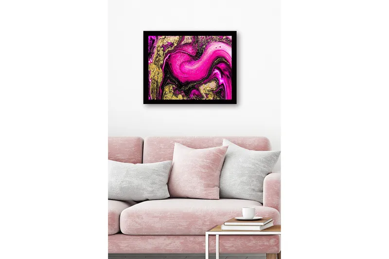 Innrammet lerret i tre - 41x56 cm - Dynamisk abstrakt komposisjon med rosa og gullelementer - Rosa / Gull / Svart - Innredning - Bilder & kunst