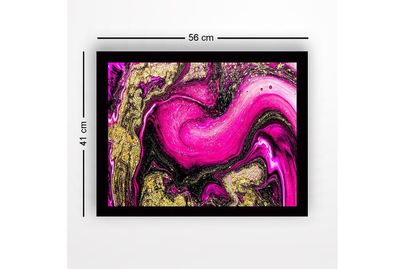 Innrammet lerret i tre - 41x56 cm - Dynamisk abstrakt komposisjon med rosa og gullelementer - Rosa / Gull / Svart - Innredning - Bilder & kunst
