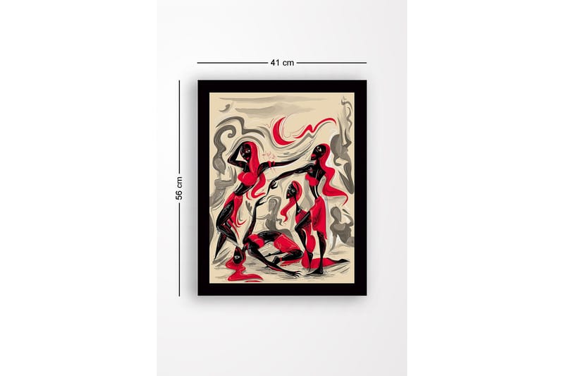 Innrammet lerret i tre - 41x56 cm - Dynamisk komposisjon med tre figurer i bevegelse - Rød / Svart / Beige - Innredning - Bilder & kunst