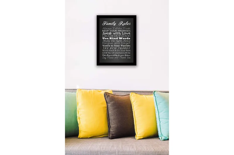 Innrammet lerret i tre - 41x56 cm - Familieregler med inspirerende budskap - Hvit / Svart - Innredning - Bilder & kunst