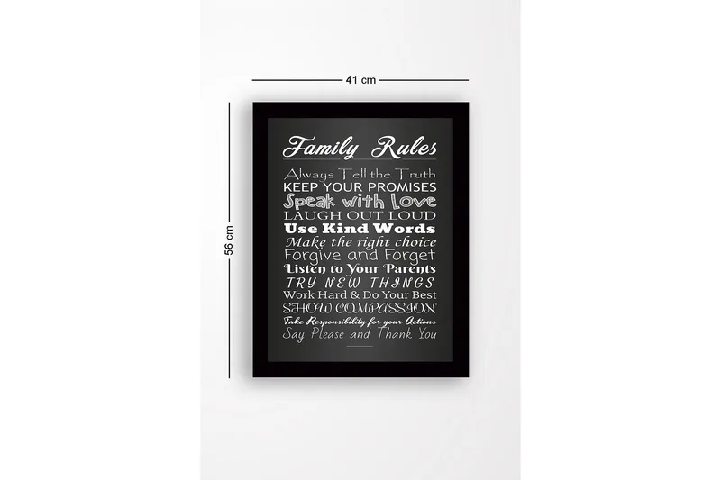 Innrammet lerret i tre - 41x56 cm - Familieregler med inspirerende budskap - Hvit / Svart - Innredning - Bilder & kunst