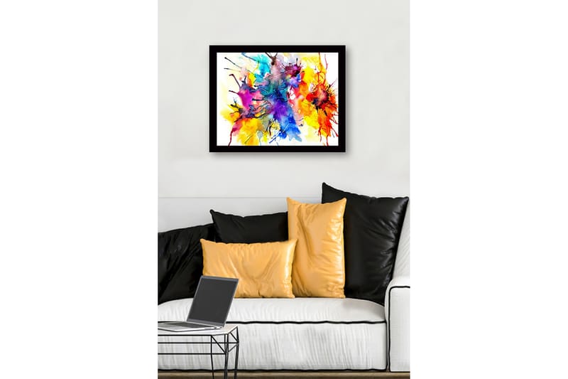 Innrammet lerret i tre - 41x56 cm - Fargerik abstrakt komposisjon med sprudlende fargeeksplosjoner - Blå / Gul / Rød - Innredning - Bilder & kunst
