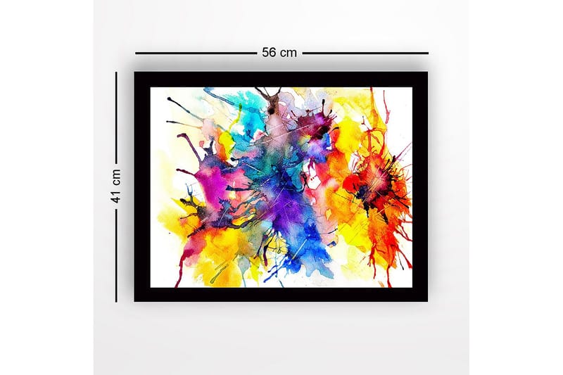 Innrammet lerret i tre - 41x56 cm - Fargerik abstrakt komposisjon med sprudlende fargeeksplosjoner - Blå / Gul / Rød - Innredning - Bilder & kunst