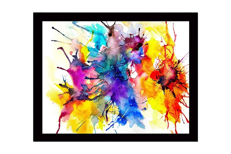 Innrammet lerret i tre - 41x56 cm - Fargerik abstrakt komposisjon med sprudlende fargeeksplosjoner - Blå / Gul / Rød - Innredning - Bilder & kunst
