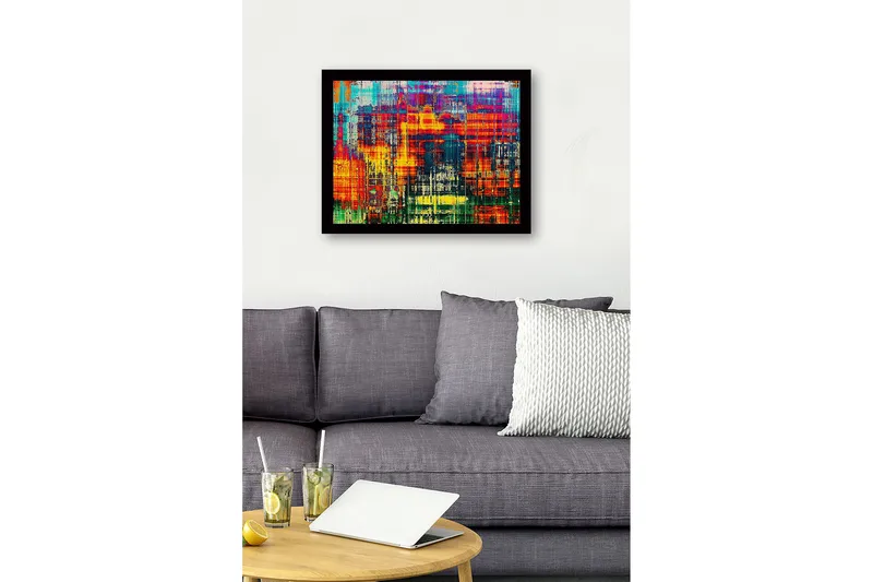 Innrammet lerret i tre - 41x56 cm - Fargerik abstrakt komposisjon med vertikale linjer og mønstre - Rød / Blå / Gul - Innredning - Bilder & kunst