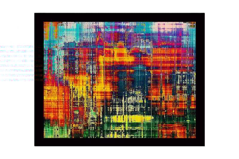 Innrammet lerret i tre - 41x56 cm - Fargerik abstrakt komposisjon med vertikale linjer og mønstre - Rød / Blå / Gul - Innredning - Bilder & kunst