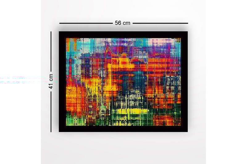 Innrammet lerret i tre - 41x56 cm - Fargerik abstrakt komposisjon med vertikale linjer og mønstre - Rød / Blå / Gul - Innredning - Bilder & kunst