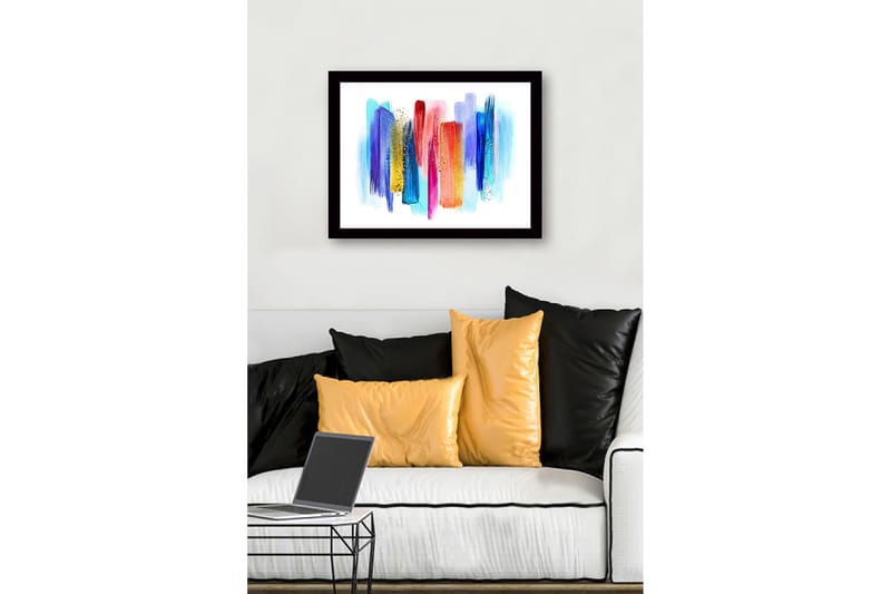 Innrammet lerret i tre - 41x56 cm - Fargerik abstrakt komposisjon med vertikale penselstrøk - Blå / Rød / Gul - Innredning - Bilder & kunst