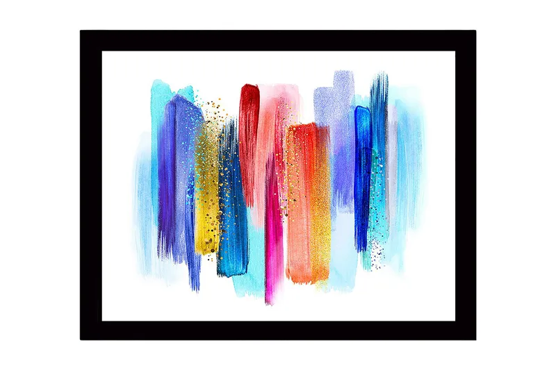 Innrammet lerret i tre - 41x56 cm - Fargerik abstrakt komposisjon med vertikale penselstrøk - Blå / Rød / Gul - Innredning - Bilder & kunst