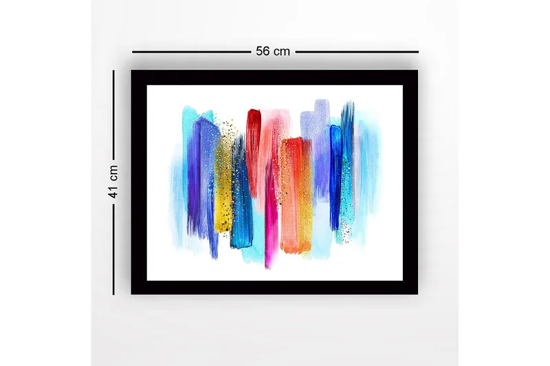 Innrammet lerret i tre - 41x56 cm - Fargerik abstrakt komposisjon med vertikale penselstrøk - Blå / Rød / Gul - Innredning - Bilder & kunst