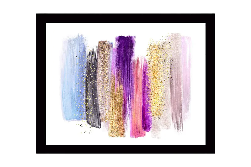Innrammet lerret i tre - 41x56 cm - Fargerik abstrakt komposisjon med penselstrøk og glittereffekter, Lys blå / Lilla / Gull