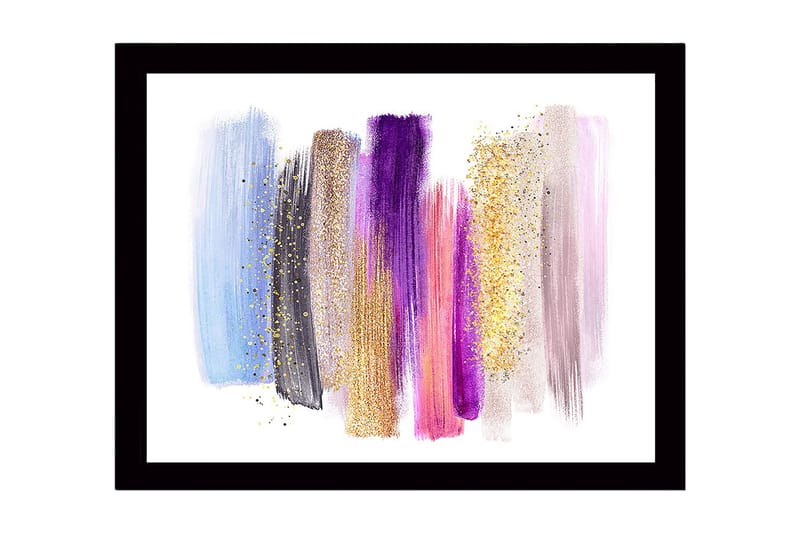 Innrammet lerret i tre - 41x56 cm - Fargerik abstrakt komposisjon med penselstrøk og glittereffekter, Lys blå / Lilla / Gull