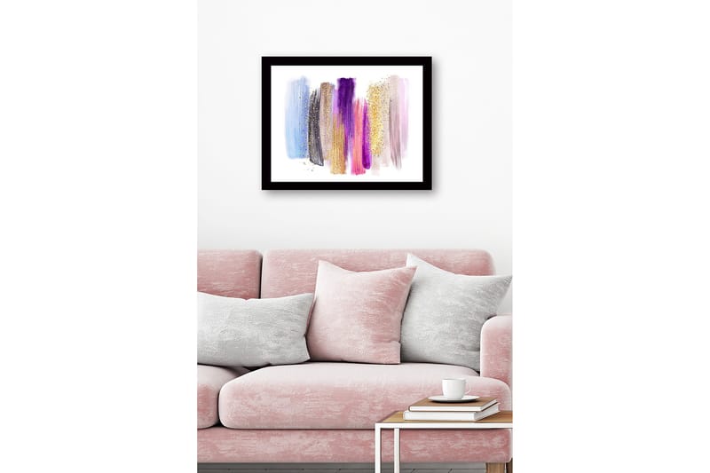 Innrammet lerret i tre - 41x56 cm - Fargerik abstrakt komposisjon med penselstrøk og glittereffekter - Lys blå / Lilla / Gull - Innredning - Bilder & kunst
