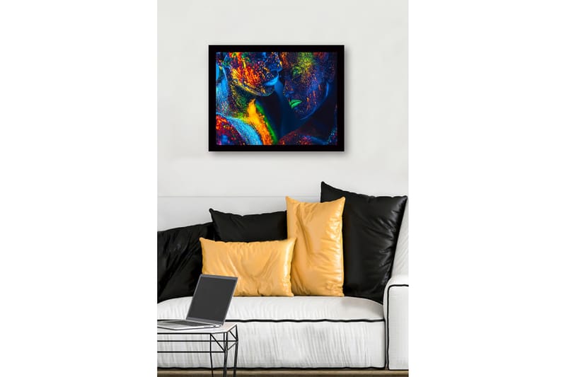 Innrammet lerret i tre - 41x56 cm - Fargerik ansiktsmaling med to nære personer - Blå / Grønn / Oransje - Innredning - Bilder & kunst