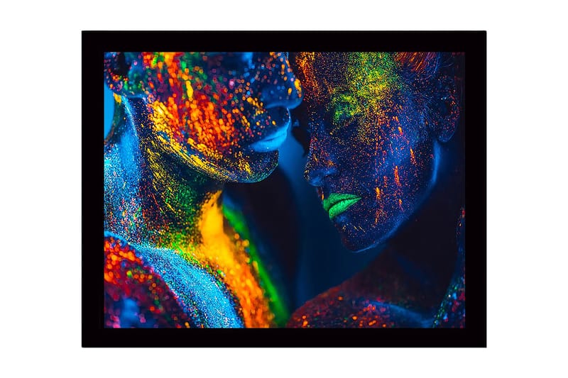 Innrammet lerret i tre - 41x56 cm - Fargerik ansiktsmaling med to nære personer - Blå / Grønn / Oransje - Innredning - Bilder & kunst