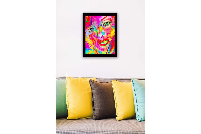 Innrammet lerret i tre - 41x56 cm - Fargerik ansiktsportrett med abstrakte elementer - Rosa / Gul / Grønn - Innredning - Bilder & kunst