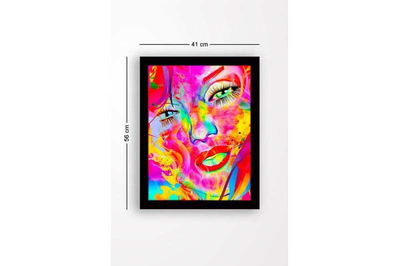 Innrammet lerret i tre - 41x56 cm - Fargerik ansiktsportrett med abstrakte elementer - Rosa / Gul / Grønn - Innredning - Bilder & kunst