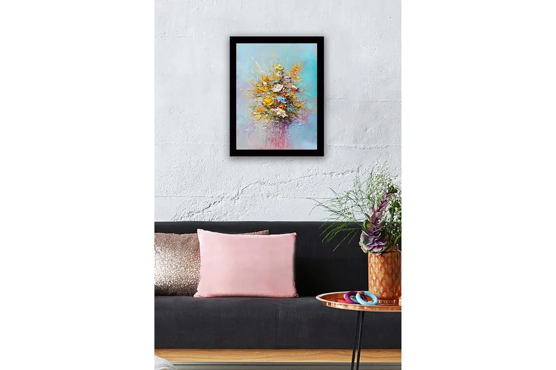 Innrammet lerret i tre - 41x56 cm - Fargerik blomsterbukett - Gul / Oransje / Lilla - Innredning - Bilder & kunst
