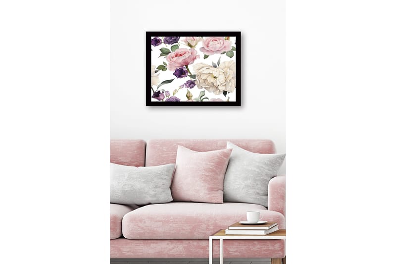 Innrammet lerret i tre - 41x56 cm - Fargerik blomsterbukett i forskjellige nyanser - Rosa / Lilla / Hvit - Innredning - Bilder & kunst