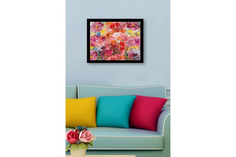 Innrammet lerret i tre - 41x56 cm - Fargerik blomsterbukett - Rosa / Rød / Gul - Innredning - Bilder & kunst