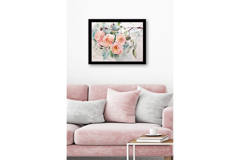 Innrammet lerret i tre - 41x56 cm - Fargerik bukett med roser - Lys rosa / Grønn / Mørk grønn - Innredning - Bilder & kunst