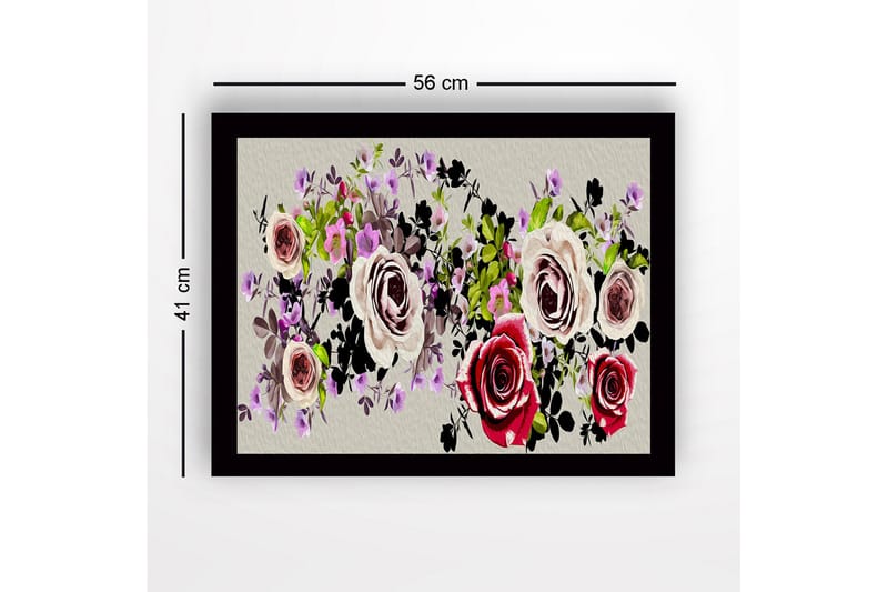 Innrammet lerret i tre - 41x56 cm - Fargerik bukett med roser og blomster - Rosa / Grønn / Svart - Innredning - Bilder & kunst