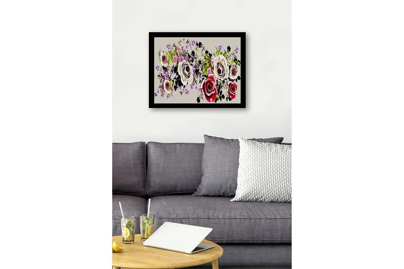 Innrammet lerret i tre - 41x56 cm - Fargerik bukett med roser og blomster - Rosa / Grønn / Svart - Innredning - Bilder & kunst