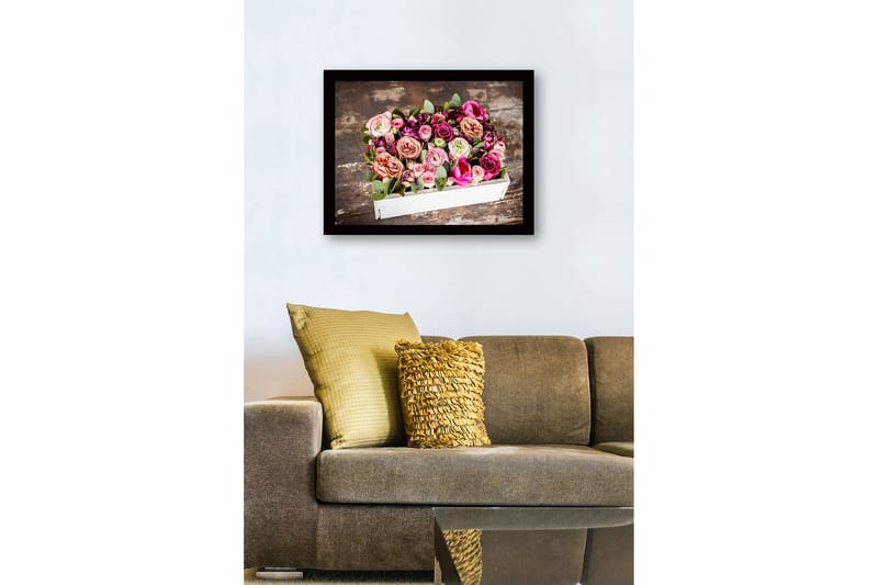 Innrammet lerret i tre - 41x56 cm - Fargerik bukett med roser og grønne blader - Rosa / Lilla / Grønn - Innredning - Bilder & kunst