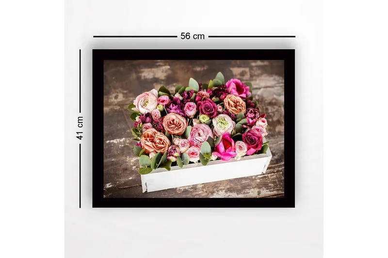 Innrammet lerret i tre - 41x56 cm - Fargerik bukett med roser og grønne blader - Rosa / Lilla / Grønn - Innredning - Bilder & kunst