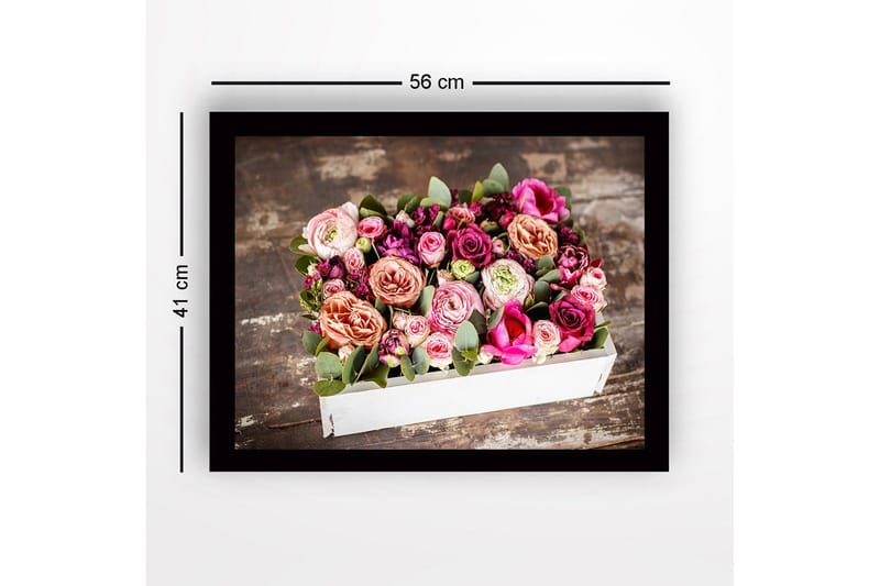 Innrammet lerret i tre - 41x56 cm - Fargerik bukett med roser og grønne blader - Rosa / Lilla / Grønn - Innredning - Bilder & kunst