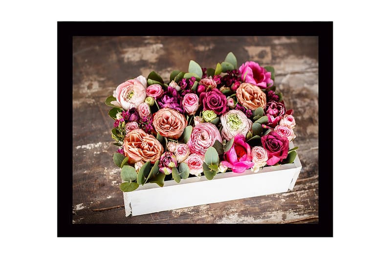 Innrammet lerret i tre - 41x56 cm - Fargerik bukett med roser og grønne blader, Rosa / Lilla / Grønn