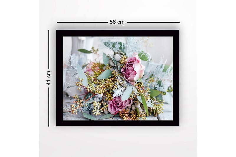 Innrammet lerret i tre - 41x56 cm - Fargerik bukett med roser og grønt bladverk - Lilla / Grønn / Beige - Innredning - Bilder & kunst