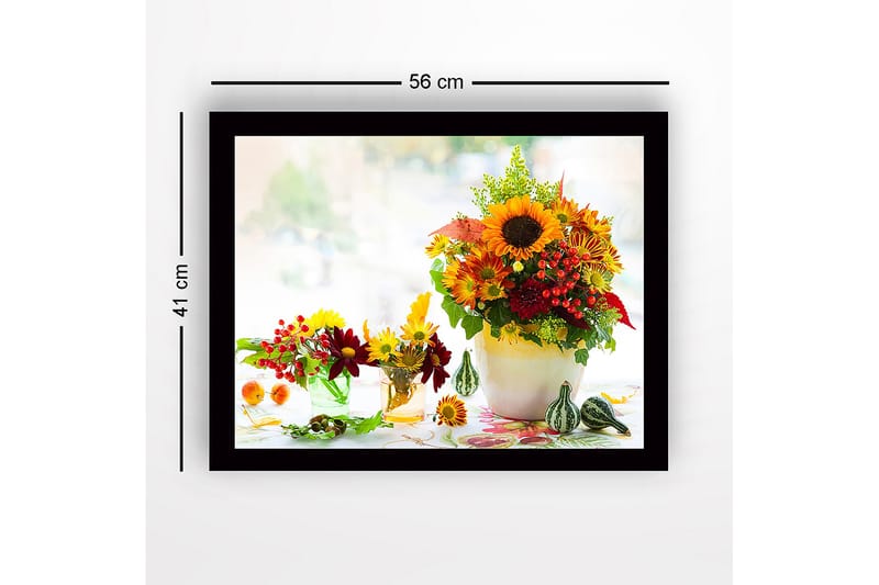 Innrammet lerret i tre - 41x56 cm - Fargerik bukett med solsikker og høstblomster - Gul / Rød / Grønn - Innredning - Bilder & kunst