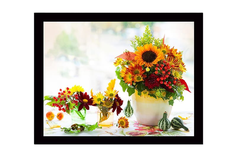Innrammet lerret i tre - 41x56 cm - Fargerik bukett med solsikker og høstblomster, Gul / Rød / Grønn