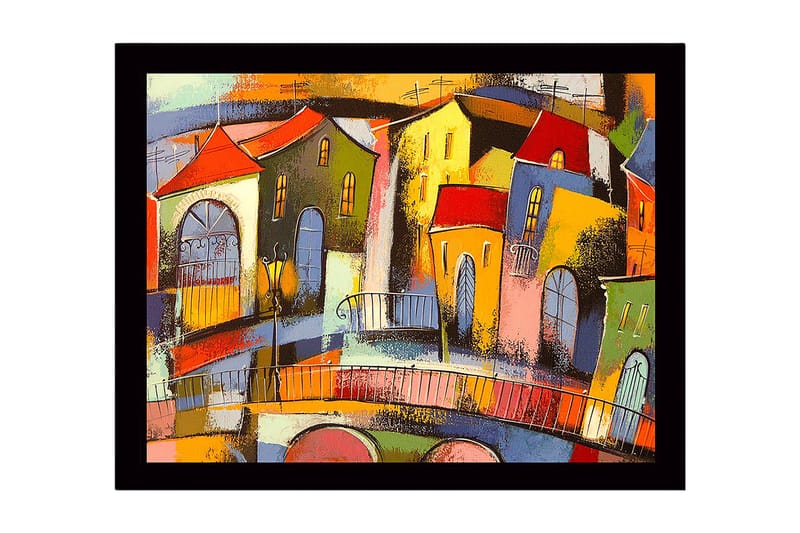 Innrammet lerret i tre - 41x56 cm - Fargerik bybilde med skråstilte hus og broer, Rød / Grønn / Gul