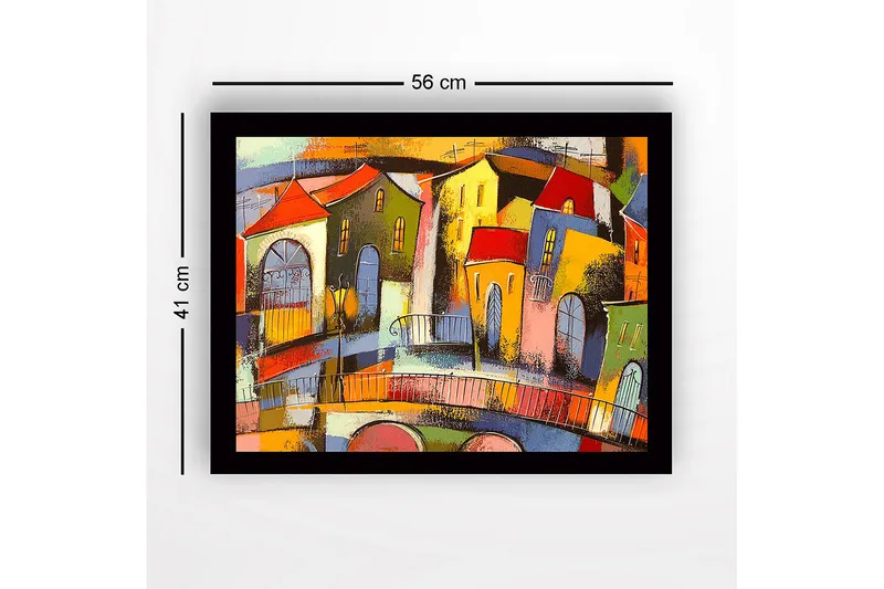 Innrammet lerret i tre - 41x56 cm - Fargerik bybilde med skråstilte hus og broer - Rød / Grønn / Gul - Innredning - Bilder & kunst