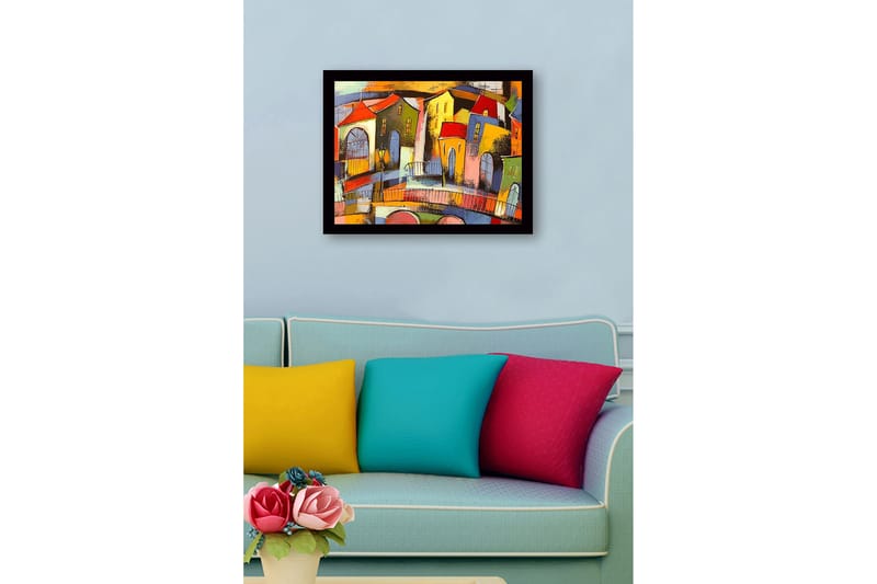 Innrammet lerret i tre - 41x56 cm - Fargerik bybilde med skråstilte hus og broer - Rød / Grønn / Gul - Innredning - Bilder & kunst