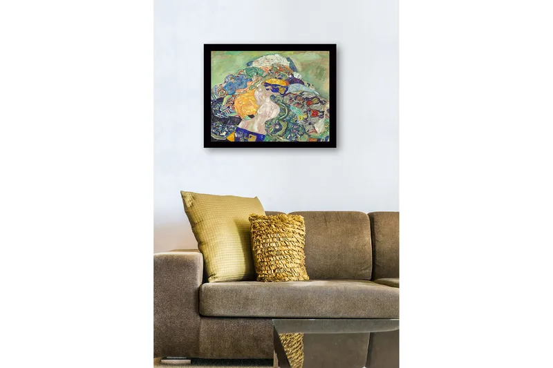 Innrammet lerret i tre - 41x56 cm - Fargerik komposisjon av en kvinne omgitt av mønstrede tekstiler - Grønn / Blå / Oransje - Innredning - Bilder & kunst