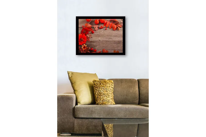 Innrammet lerret i tre - 41x56 cm - Fargerik komposisjon av høstblomster og blader - Rød / Oransje / Grønn - Innredning - Bilder & kunst