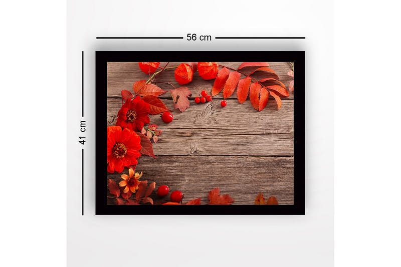Innrammet lerret i tre - 41x56 cm - Fargerik komposisjon av høstblomster og blader - Rød / Oransje / Grønn - Innredning - Bilder & kunst