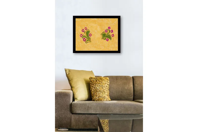 Innrammet lerret i tre - 41x56 cm - Fargerik komposisjon med blomster og bladverk - Gul / Grønn / Lilla - Innredning - Bilder & kunst