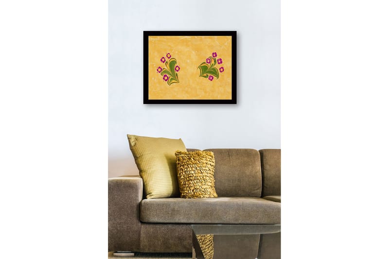 Innrammet lerret i tre - 41x56 cm - Fargerik komposisjon med blomster og bladverk - Gul / Grønn / Lilla - Innredning - Bilder & kunst