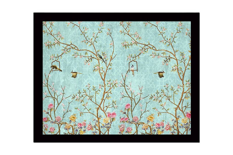 Innrammet lerret i tre - 41x56 cm - Fargerik komposisjon med fugler og blomster i et frodig miljø, Blå / Rosa / Grønn